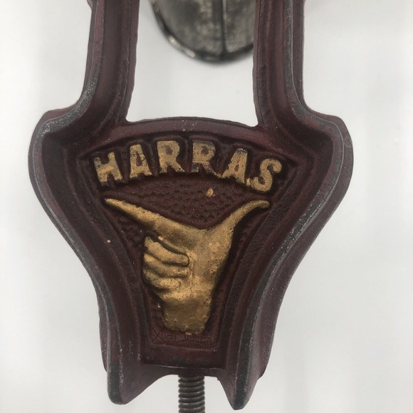 Vintage HARRAS 59 Cast Iron Grinder Table Mounted Wood Block Handle Germany - Picture 3 of 16